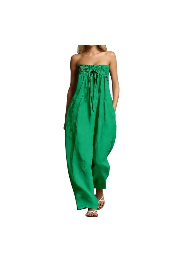 Women's Strapless Smocked Bust Jumpsuit Front Tie Detail Elegant Summer Romper Green S