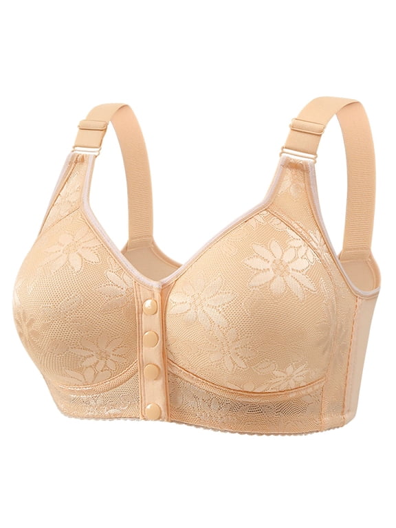 Women’s Traditional Molded Cup Bra for Seniors – Fixed One-Piece Seamless Bra, Smooth Jacquard Pattern with Side Support Beige 36