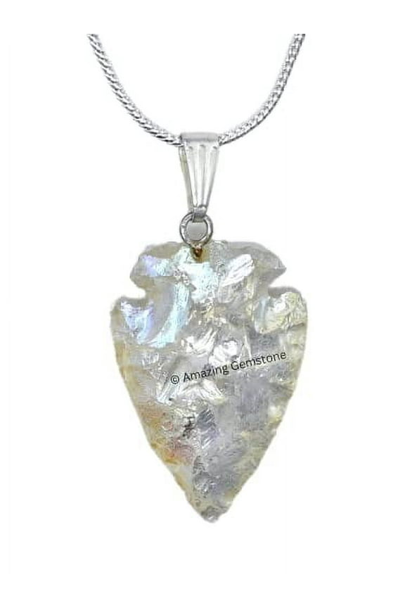 Aura Quartz Crystal Arrowhead Necklace for Men Women (Silver Edged)