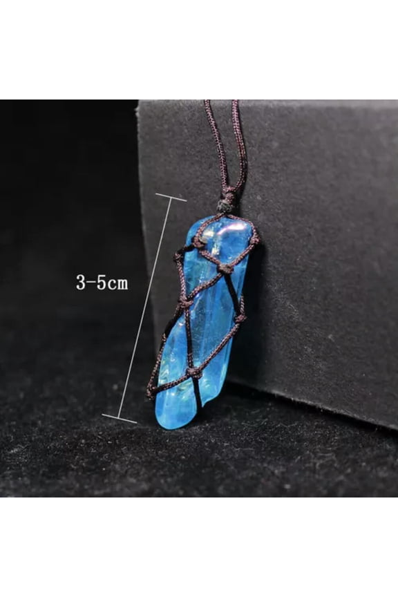 Aura Rainbow Gemstones Weave Wrapped Crystal Quartz Titanium Pendant Necklace