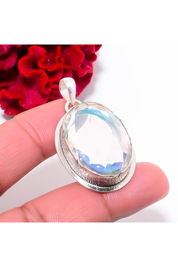 Aura Rainbow Mystic Fire Topaz 925 Sterling Silver Pendant 1.64" P102073, Christmas Gift