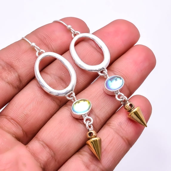 Aura Rainbow Mystic Fire Topaz 925 Sterling Silver Two Tone Arrow Head Earring 2.73" E52, Beautiful Jewelry For Woman, New Year Sale, Valentin's Day G