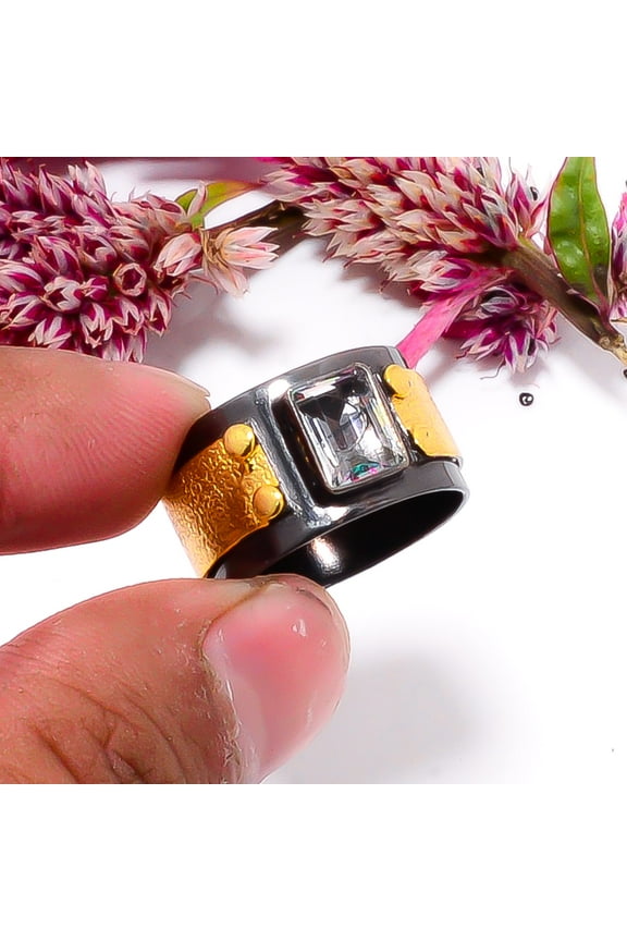 Aura Rainbow Mystic Fire Topaz Black And Gold Plated 925 Sterling Silver Ring s.8.5 Sku51, White Ring, Gemstone Ring