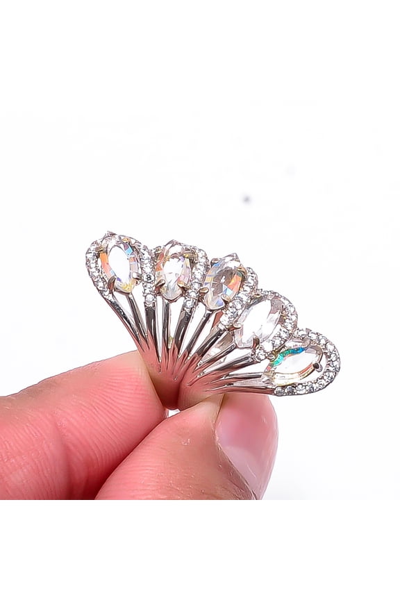Aura Rainbow Mystic Fire Topaz, CZ 925 Sterling Silver Platinum Plated Ring S.6