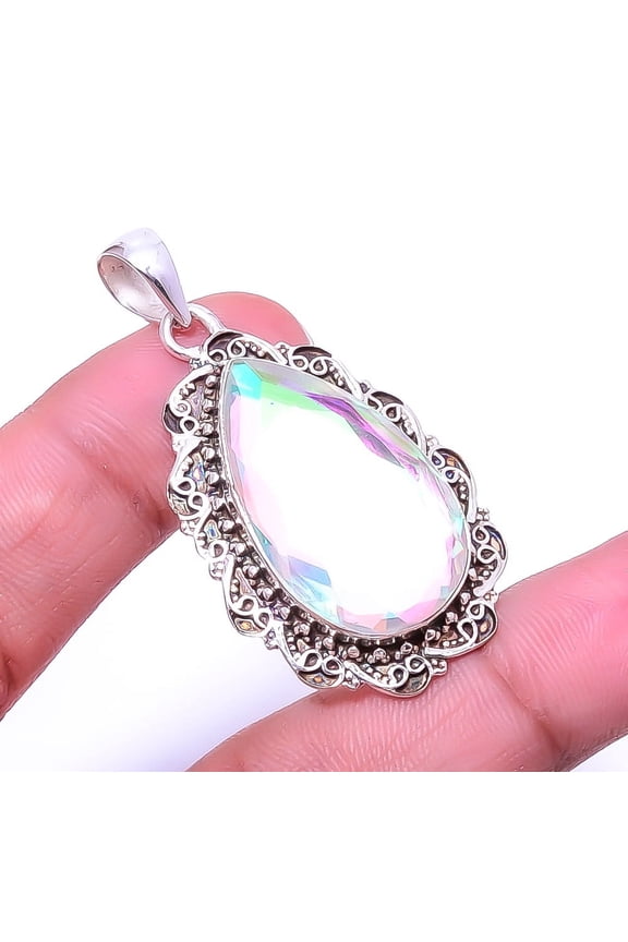 Aura Rainbow Mystic Fire Topaz Fine Art 925 Sterling Silver Pendant 1.76" P90, Gemstone Jewelry, Birthday Gift, Christmas Gift