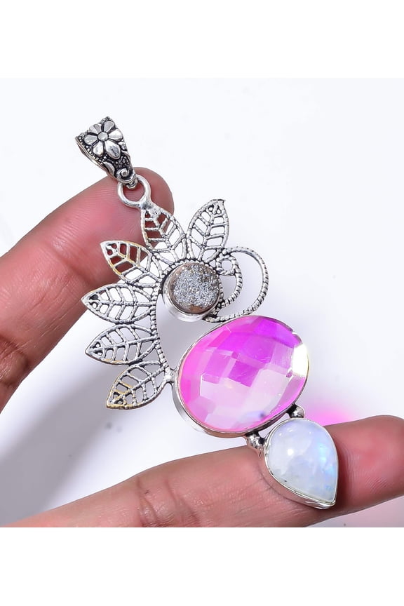 Aura Rainbow Mystic Fire Topaz, Moonstone 925 Sterling Silver Pendant 3.12" P615