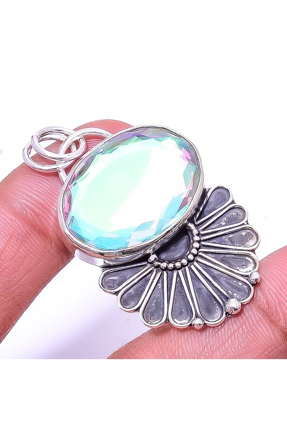 Aura Rainbow Mystic Fire Topaz Oxidised 925 Sterling Silver Pendant 1.76" P74