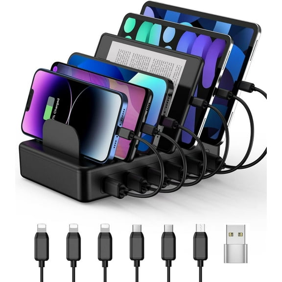AuraCharge 50W 6 Ports Multi Charger Station with 6 Charging Cables, USB Charging Dock for Multiple Devices, Compatible with Cellphone iPad Kindle Tablet and Other Electronic Devices