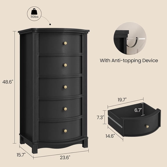 AuraCurve Tall 5-Drawer Chest, Elegant Dresser with Five Arc Fronts, Roman Column Decor, Slim Floor Standing Storage Cabinet, 48.6x23.6x15.7 Inches(Black, 5 Drawer)$$Home Decor, Kitchen, & Other