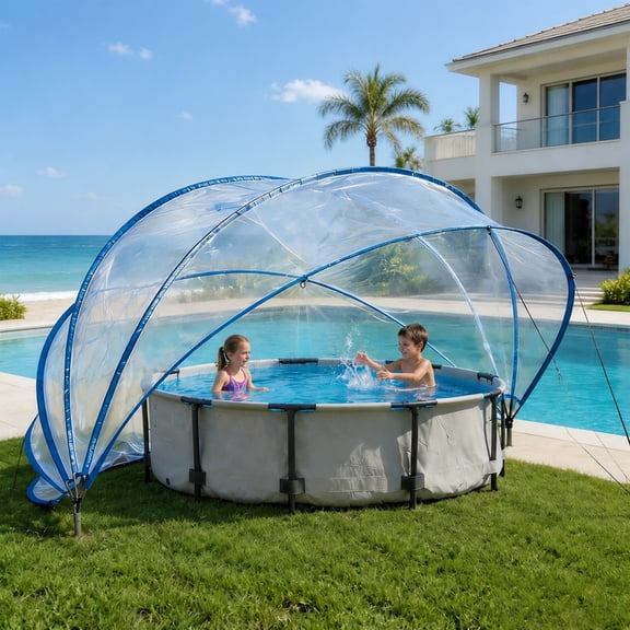 AuraLane 18ft Round Retractable Pool Dome Cover, Clear PVC Fiberglass Rod Frame for Above Ground Pool, Heat Retention Debris Protection Easy Roll up