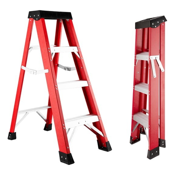 AuraLane 3 Steps Fiberglass Ladder,330-Pound Capacity,Portable Folding Platform Step ladders for Home,Red