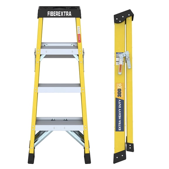 AuraLane 4 Step Fiberglass Single Side Step Ladder, Non Conductive Lightweight Insulated Access Ladder, Yellow