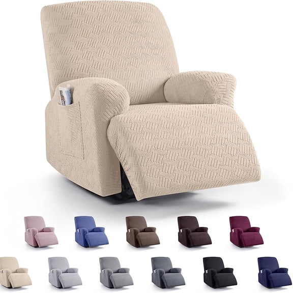 AuraLane Recliner Chair Cover with Storage Pockets,Stretchable Striped Slipcover for 1-Seater Chairs
