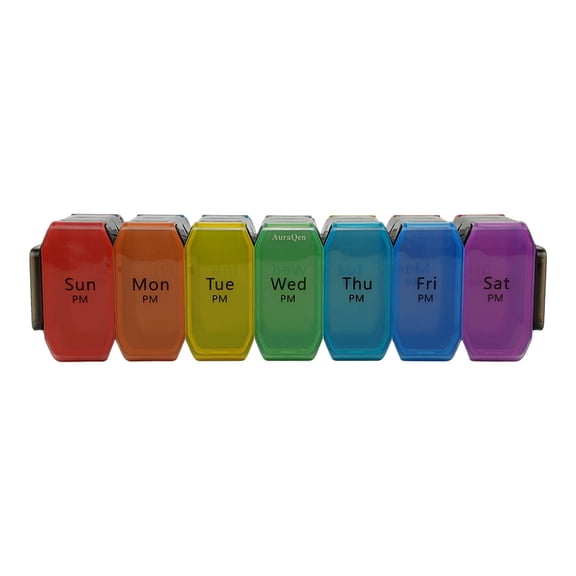 AuraQen 7-Day Weekly Pill Organizer - Food Grade PC Medication Box with 14 Color-Coded Compartments (40x60 Inches) - Independent Lids for AM/PM Dosing