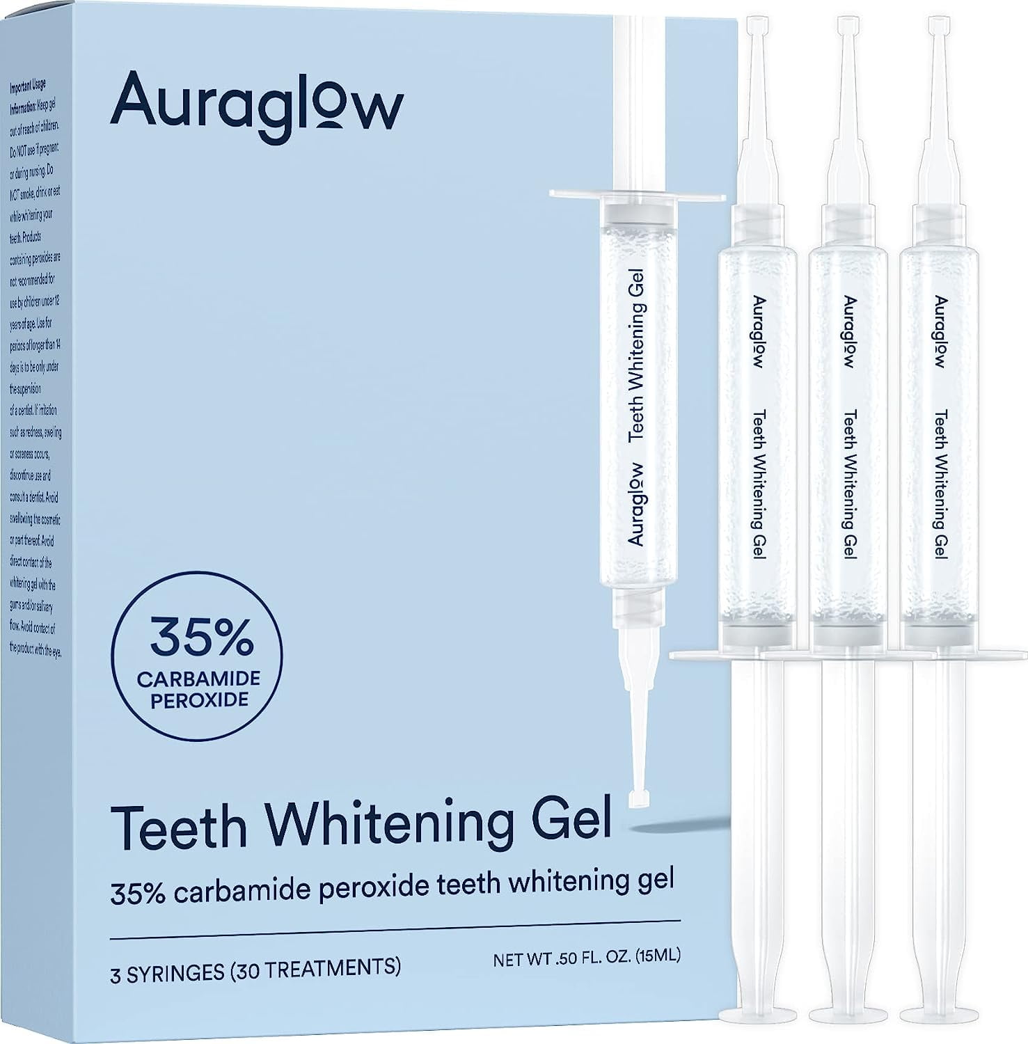 Auraglow Teeth Whitening Gel Syringe Refill Pack, 35% Carbamide Peroxide, 30 Whitening Treatments, 3 5mL Whitening Gel Syringes