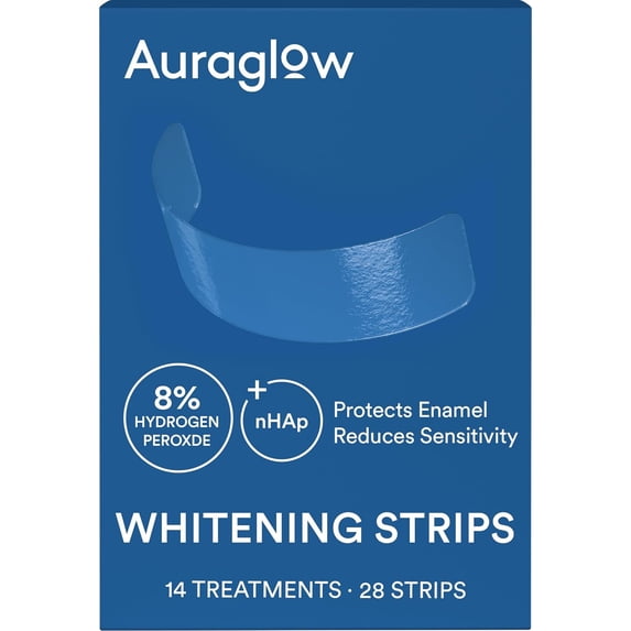 Auraglow Teeth Whitening Strips, Sensitive Whitening Strips, 14 Whitening Treatments, 8% Hydrogen Peroxide with Nano Hydroxyapatite (nHAp) to Reduce Sensitivity and Protect Enamel, 28 Strips, Mint
