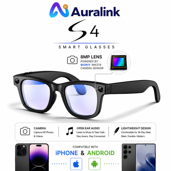 Auralink S4- AI Smart Glasses with Video Camera, Bluetooth Open Ear Audio & Voice Control