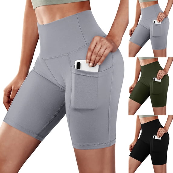 Auralook Basic Biker Shorts Women with Pockets Workout Gym Shorts High Waisted Yoga Running Compression Shorts