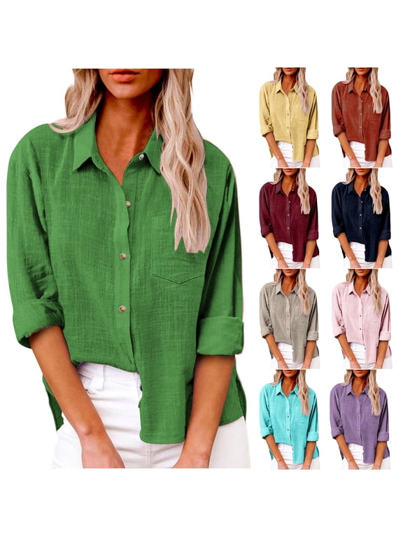 Button Down Shirt for Women Spring Fall Tops Solid Long Sleeve Collared Blouses Casual Work Tunic Blouse Tops with Pockets