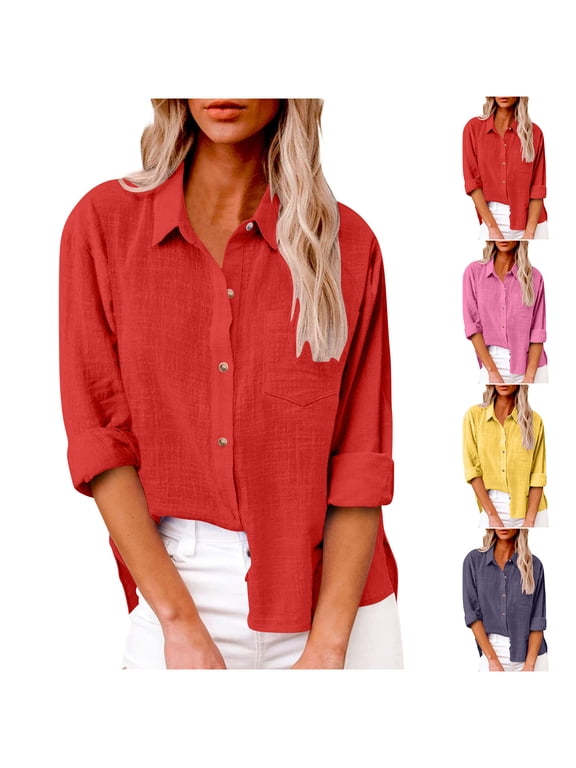 Button Down Shirt for Women Spring Fall Tops Solid Long Sleeve Collared Blouses Casual Work Tunic Blouse Tops with Pockets