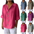 thumbnail image 1 of Auralook Button Down Shirts for Women 3/4 Sleeve Linen Cotton V Neck Tops Dressy Casual Loose Work Blouses, 1 of 8