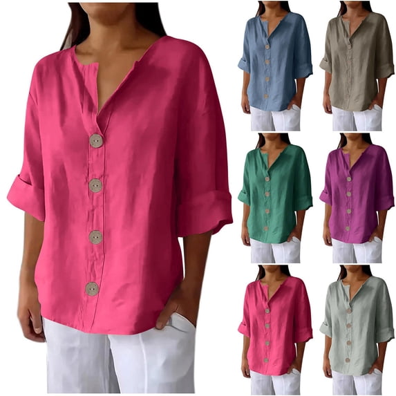Auralook Button Down Shirts for Women 3/4 Sleeve Linen Cotton V Neck Tops Dressy Casual Loose Work Blouses