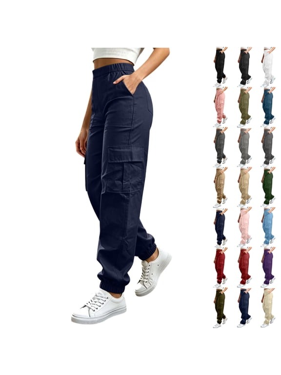Cargo Pants for Women with Pockets High Waist Lightweight Stretchy Hiking Casual Streetwear Baggy Cuffed-hem Trousers Pants