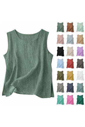 Cotton Linen Tank Tops for Women Solid Casual Summer Gauze Shirt Basic Sleeveless Round Neck Loose Vest Beach Vacation Clothes