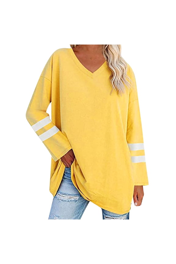 Fall Plus Size Tops for Women Long Sleeve Solid Color Patchwork Shirts V Neck Tshirts Casual Tunic Tops