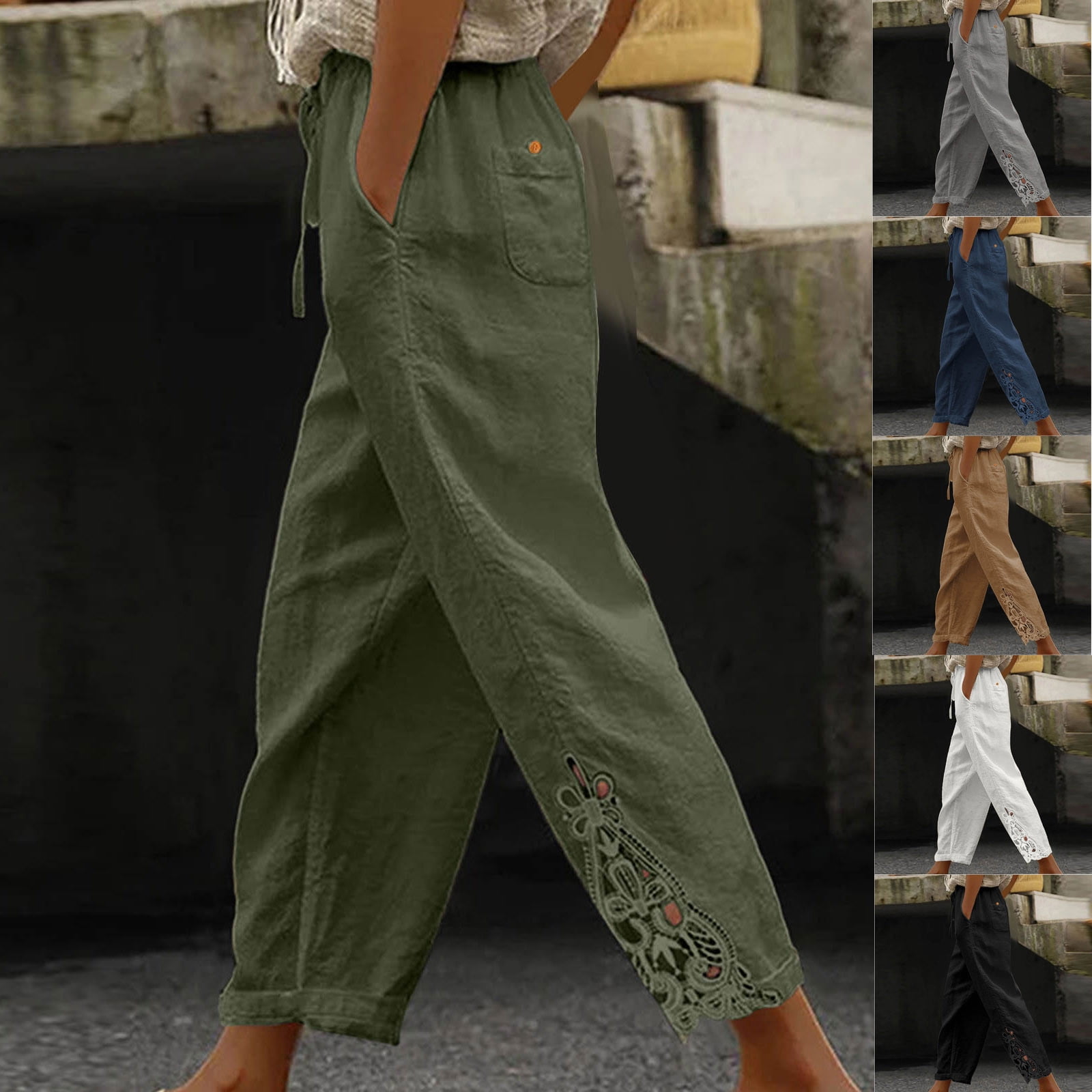 Auralook Linen Pants for Women Elastic Waist Wide Leg High Waisted Lace ...