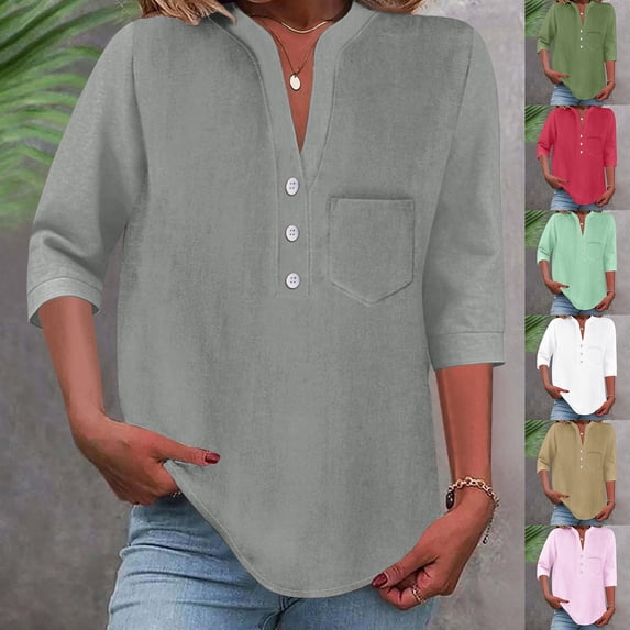 Auralook Linen Shirts for Women V Neck Button Down Blouse Long Sleeve Office Work Tops Solid Vacation Tees Shirt Blouse Tops