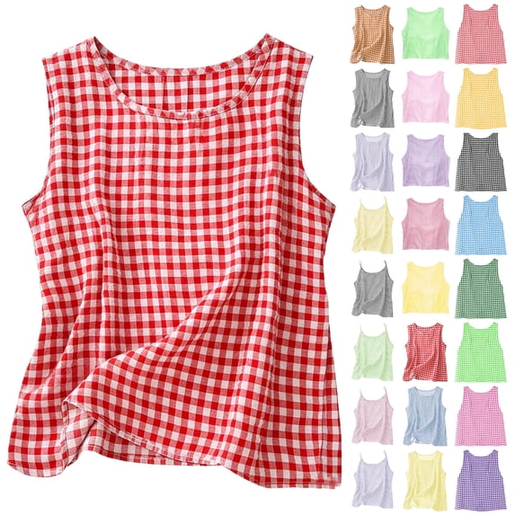 Auralook Tank Tops for Women Cute Summer Plaid Sleeveless Shirts Linen Clothes Summer Women's Top Shirt