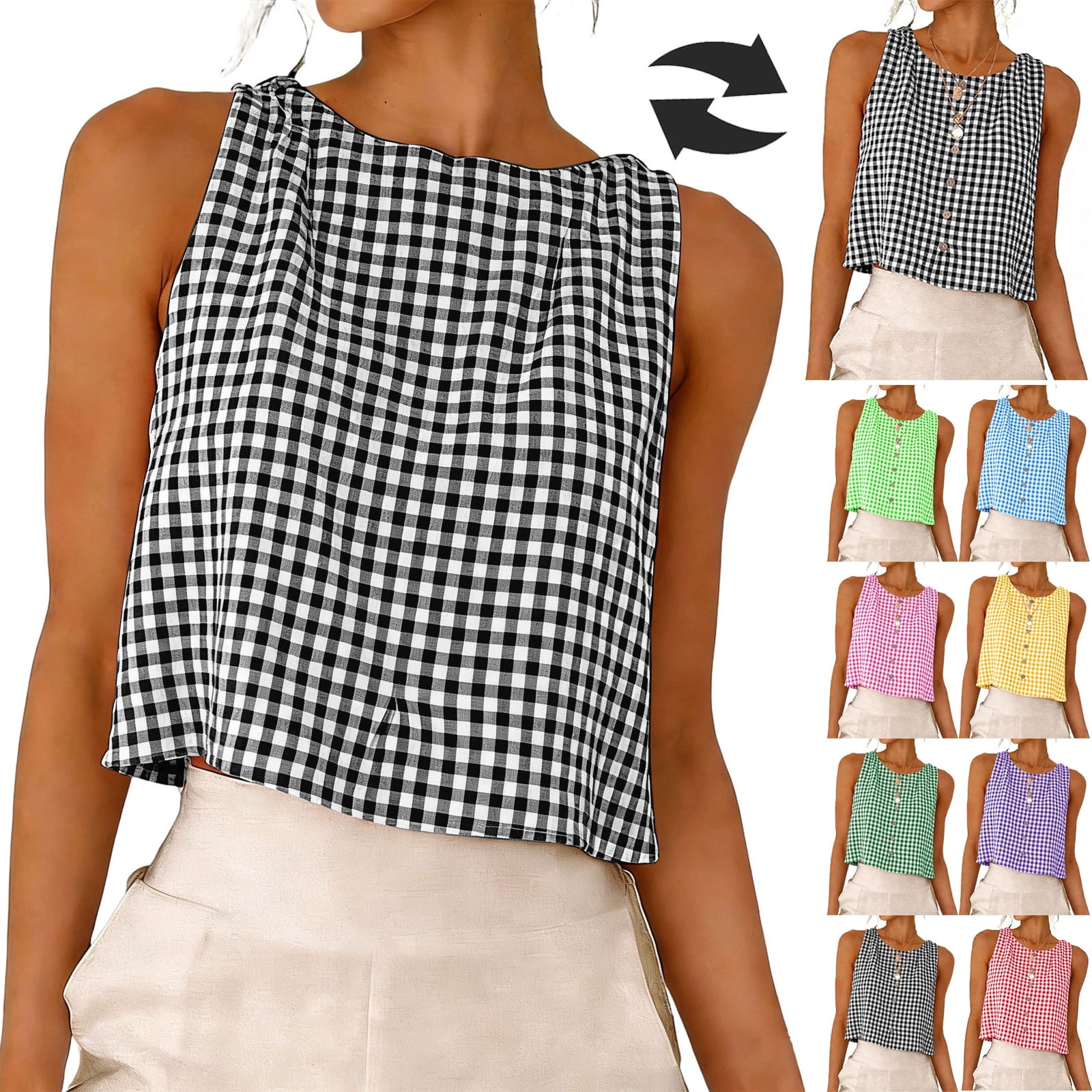 Auralook Linen Tops for Women Tank Tops Cute Summer Plaid Stripe ...