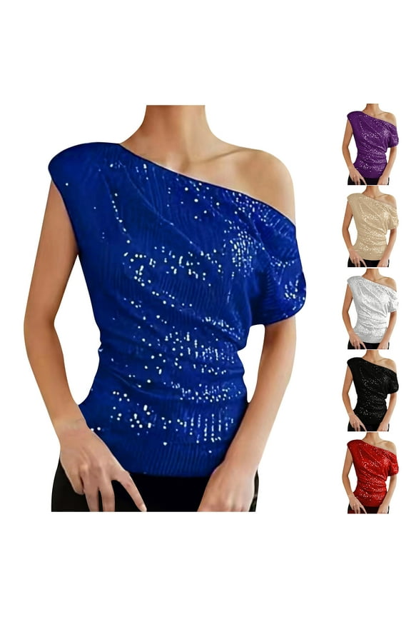 One Shoulder Sequin Evening Tops for Women Elegant Ruched Design Sparkly Glitter Party Shirts