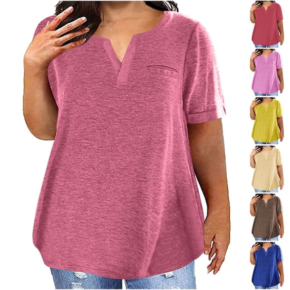 Auralook Plus Size For Women-Neck Blouse Solid Casual Loose Summer Short Sleeve Blouse