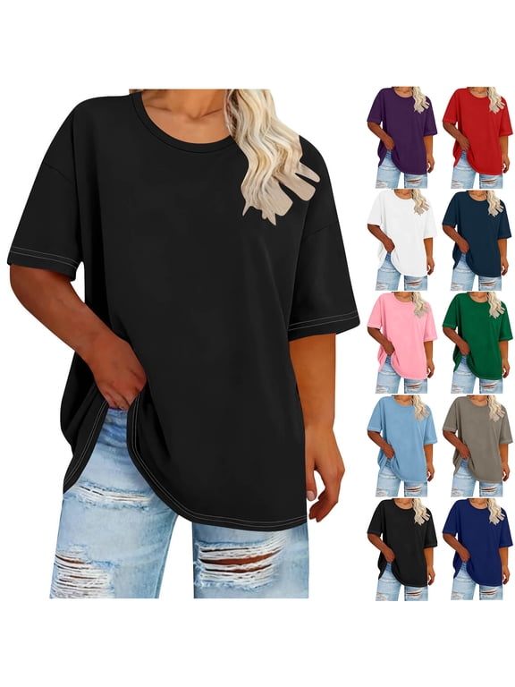 Plus Size Tops for Women Casual Solid Short Sleeve T Shirts Summer Crew Neck Tees Oversized Comfy Loose Fit Tunics Top