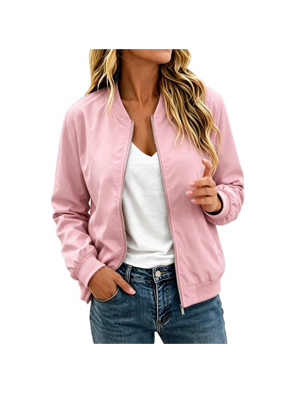 Solid Jacket for Womens Cropped Zip Up Jacket with Ribbed Cuffs and Pockets Winter Lightweight Casual Coat