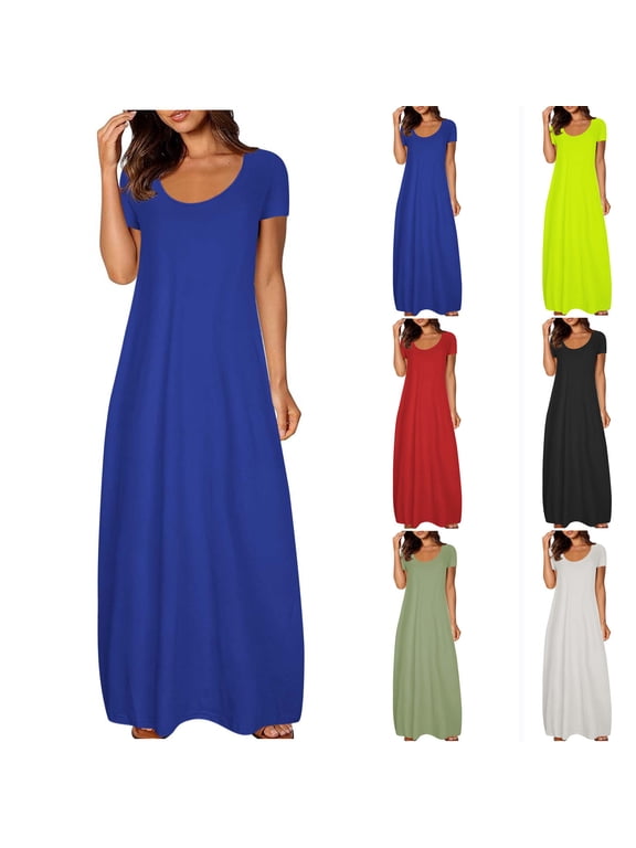Summer Dress for Women Crew Neck Short Sleeve Solid Loose Basic T-Shirts Casual Midi Dresses with Pocket,Blue,3X