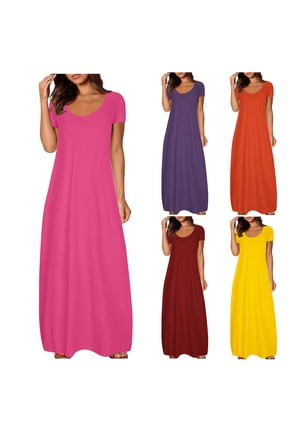 Summer Dress for Women Crew Neck Short Sleeve Solid Loose Basic T-Shirts Casual Midi Dresses with Pocket,Orange,S