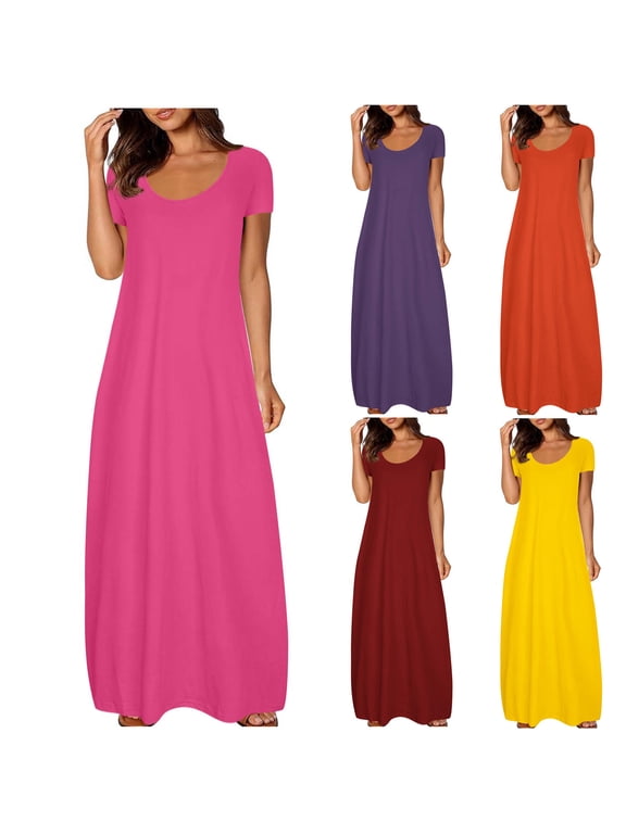 Summer Dress for Women Crew Neck Short Sleeve Solid Loose Basic T-Shirts Casual Midi Dresses with Pocket,Wine,3X