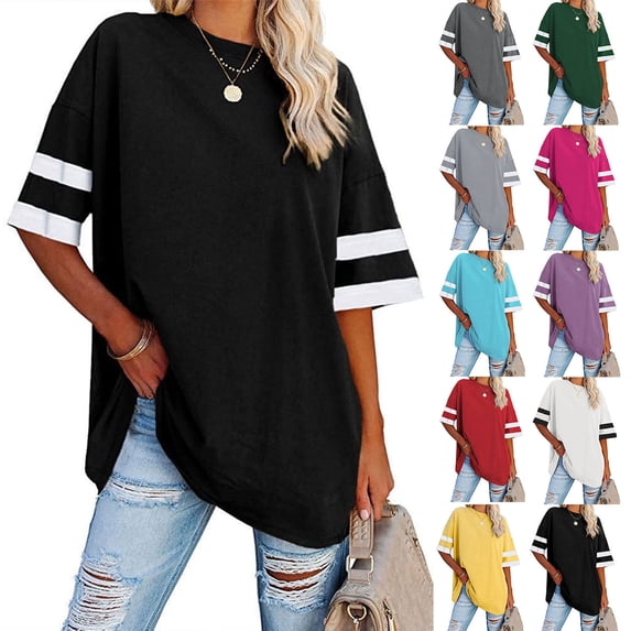 Auralook Summer Plus Size Tops for Women Short Sleeve Solid Color Patchwork Shirts V Neck Tshirts Casual Tunic Tops