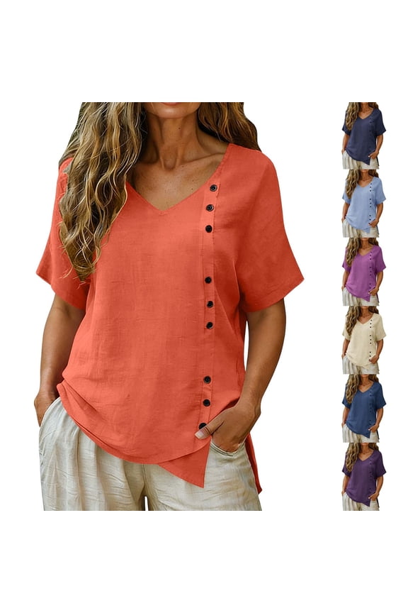 Summer Tops for Women Button V Neck Cotton Linen Tops 2026 Dressy Casual Short Sleeve Blouse Irregular Hem Top