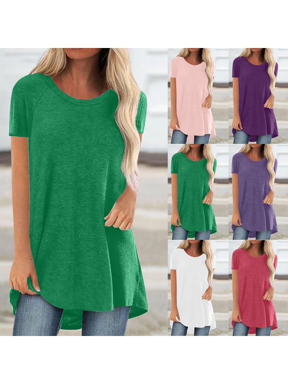Summer Tops for Women Short Sleeve Crewneck Tshirts Solid Loose Fit Long Style Tunic Blouse Shirts