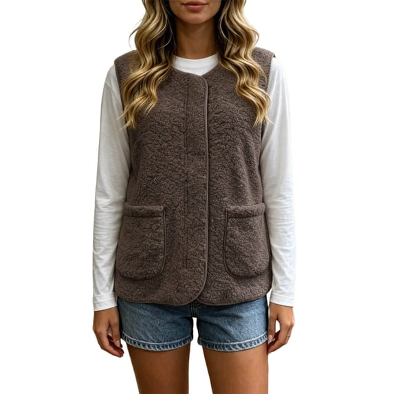 Auralook Women Fuzzy Fleece Vest Sleeveless Open Front Casual Cardigan with Pockets Warm Fall Winter Layering Outerwear