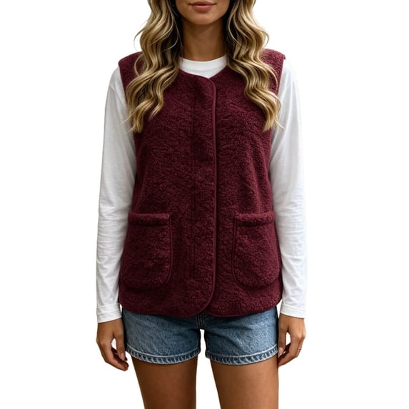 Auralook Women Fuzzy Fleece Vest Sleeveless Open Front Casual Cardigan with Pockets Warm Fall Winter Layering Outerwear