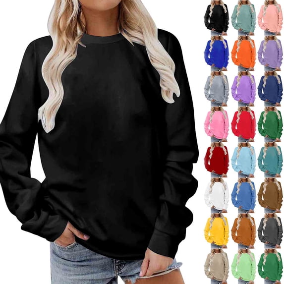 Auralook Women Long Sleeves Casual Shirts Color Round Neck Sweatshirt Crewneck Pullover Tunic Tops