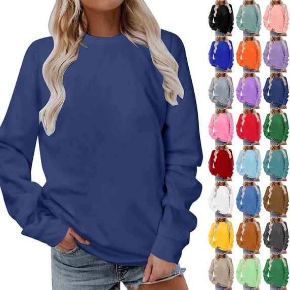 Auralook Women Long Sleeves Casual Shirts Color Round Neck Sweatshirt Crewneck Pullover Tunic