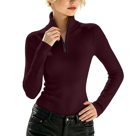 Auralook Women’s Quarter‑Zip High Neck Fitted Top Soft Stretchy Solid Long Sleeve Fall Winter Base Layer Shirt