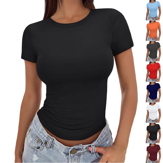 Auralook Women Short Sleeve T Shirts Crew Neck Solid Soft Basic Tee Casual Loose Fit Lightweight Summer Tops