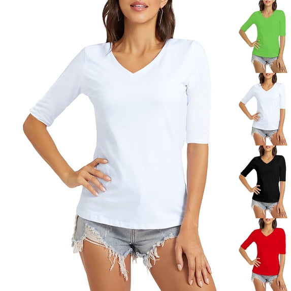 Auralook Women Short Sleeve T Shirts V-neck Solid Soft Basic Tee Casual Loose Fit Lightweight Summer Tops